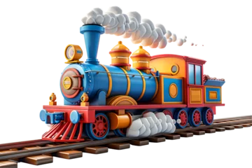Poster A 3D animated cartoon render of a colorful locomotive with smoke coming out. © Render John