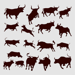 flat design bull silhouette set
