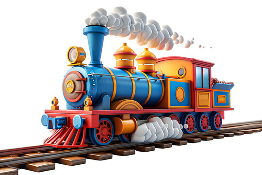 A 3D animated cartoon render of a colorful locomotive with smoke coming out.