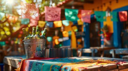 Naklejka na ściany i meble A festive outdoor setting with a colorful Mexican papel picado hanging above a table adorned with a vibrant tablecloth and a bucket filled with cold beverage bottles