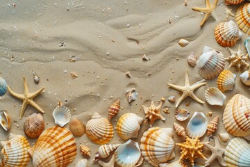 Fototapeta na wymiar Seashells and starfish on the sand