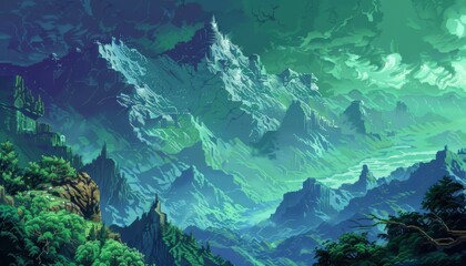 Fototapeta na wymiar Retro Green Mountain Landscape in Pixels