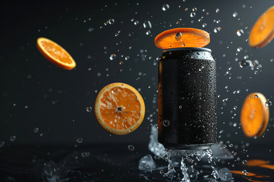 Very cold can of orange soda without text floating