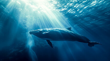 A whale swimming from the deep sea to the surface, under the underwater light rays of the sun