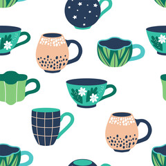 Seamless pattern with tea cups. Trendy dishes different shapes and ornaments on light background.  Vector illustration for printing on fabric, packaging, paper.