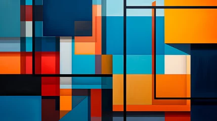 Fotobehang An abstract painting featuring squares in shades of blue, orange, and red arranged in a dynamic composition. Banner. Copy space © stateronz