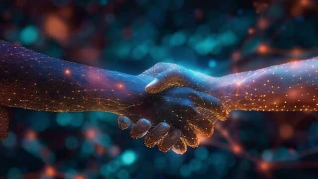 A hand is shaking another hand in a digital image. Concept of connection and trust between the two people
