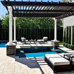 Backyard living space with outdoor furniture next to pool under a pergola