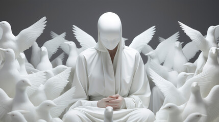 A man is seated in front of a group of white birds. Feelings of loneliness and depression. Closure. Introvert . Banner. Copy space
