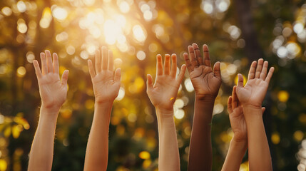 The essence of unity and teamwork is captured in an uplifting image showcasing a diverse group of hands raised together, bathed in sunlight. This symbolizes the power of friendship and collaboration.