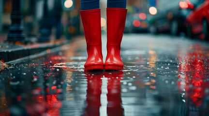 Feet in red rubber boots rain puddle on city street background, fun in the rain, lifestyle - obrazy, fototapety, plakaty