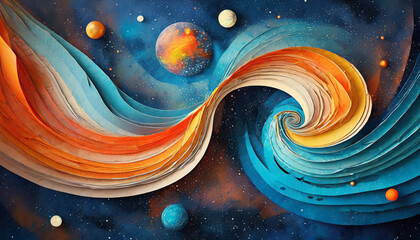 Abstract 3D Liquid Swirl Encountering a UFO in a Abstract Planets Stars Cosmic Landscape. Ideal for...