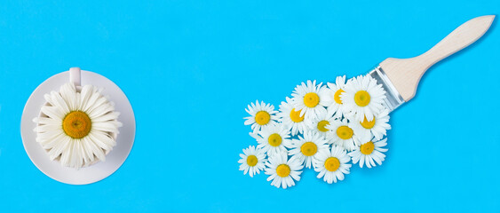 Paintbrush and cup with chamomile on the blue background. Top view. Copy space.