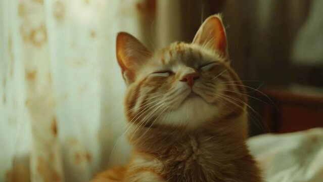 A cat is smiling and looking at the camera. The cat is orange and has a happy expression