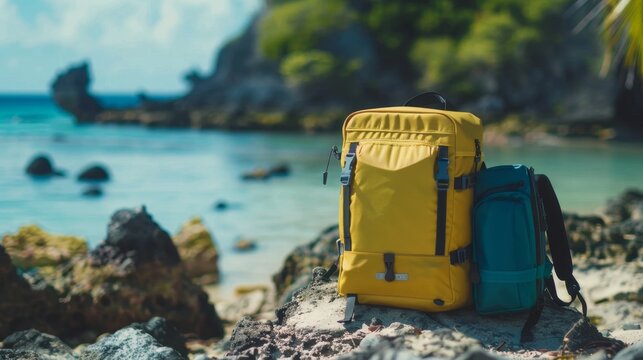 Yellow and Blue Backpack on Rocky Beach