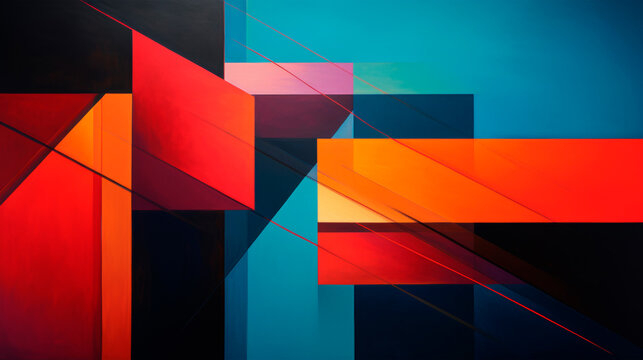 A Vibrant Abstract Painting Featuring A Variety Of Red, Orange, And Blue Squares Overlapping Each Other In A Dynamic Composition. Banner. Copy Space