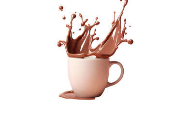Splash of hot chocolate in a white mug isolated on transparent background