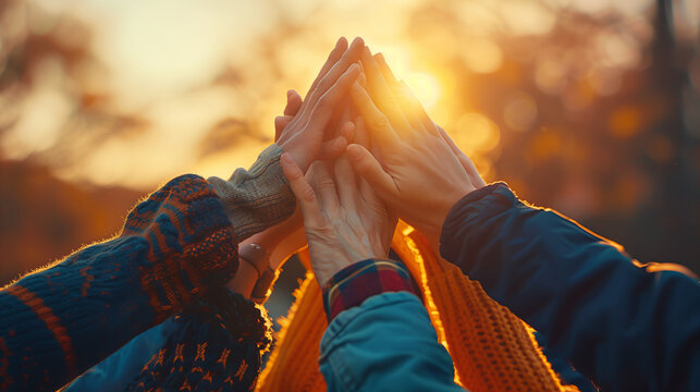 The essence of unity and teamwork is captured in an uplifting image showcasing a diverse group of hands raised together, bathed in sunlight. This symbolizes the power of friendship and collaboration.