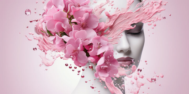 Beautiful woman with pink orchid flowers and splash of cosmetic creamy texture