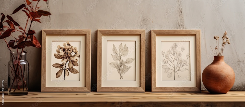 Poster three framed botanical prints are displayed on a shelf next to a decorative vase