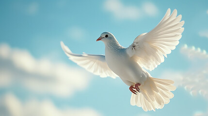 A white dove gracefully glides through the open sky, a symbol of peace and freedom.
