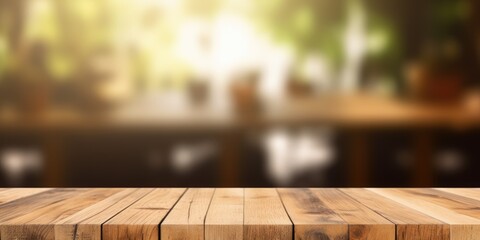 The empty wooden table top with blur background. Exuberant image. generative ai