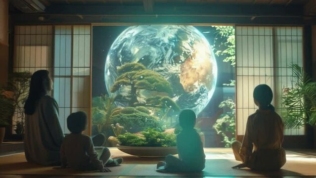 A group of people are sitting in a room looking at a large screen that shows a planet. Scene is peaceful and contemplative, as the people are sitting together and watching the planet