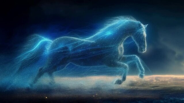 A horse is running through a field of grass with a blue sky in the background. The horse is surrounded by a glowing blue aura, giving the image a mystical and ethereal feel