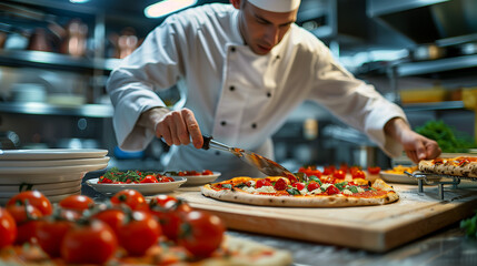 a pizza chef finishing the preparation of a tasty pizza in a professional pizzeria restaurant kitchen, highlighting the artistry and skill involved in crafting delicious food.