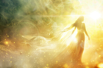 Göttliche Frau im langen Kleid blickt Richtung Sonne und erstrahlt hell, atmosphärisch - obrazy, fototapety, plakaty