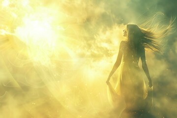 Göttliche Frau im langen Kleid blickt Richtung Sonne und erstrahlt hell, atmosphärisch - obrazy, fototapety, plakaty