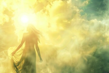 Obraz na płótnie Canvas Göttliche Frau im langen Kleid blickt Richtung Sonne und erstrahlt hell, atmosphärisch