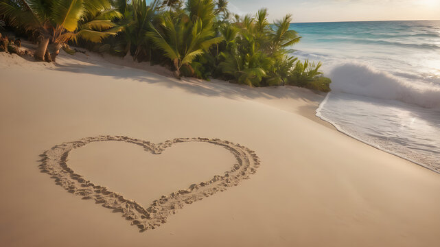  Heart Symbol On a Sand Of Beach.  Romantic composition.  AI generated image, ai