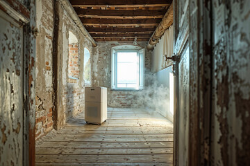 A dehumidifier works in a room under renovation, improving air quality and moisture control