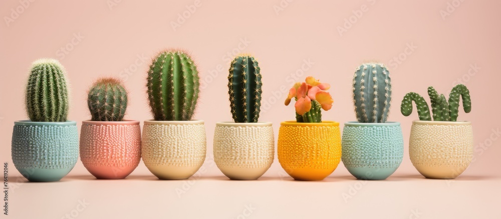 Poster multiple pots of various colors with different types of cacti planted in them, arranged on a vibrant