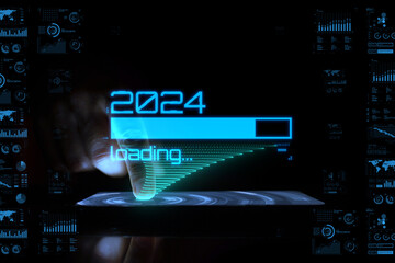 Man touching phone with holographic loading bar. 2024 year progress bar. Concept of new year, annual plan, growth strategy, business planning, investment trends and strategy road map.