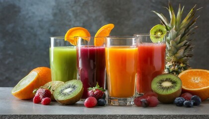 Fototapeta premium Trio Glasses of Fresh Juices and Fruits