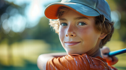 Showcase the joy of learning and skill development with a happy Caucasian boy at a golfing training lesson, looking at the camera with determination and enthusiasm on a golf course. - obrazy, fototapety, plakaty