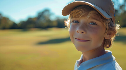 Showcase the joy of learning and skill development with a happy Caucasian boy at a golfing training lesson, looking at the camera with determination and enthusiasm on a golf course.