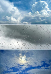 Collage of sky with clouds and raindrops. Natural background. Close-up.
