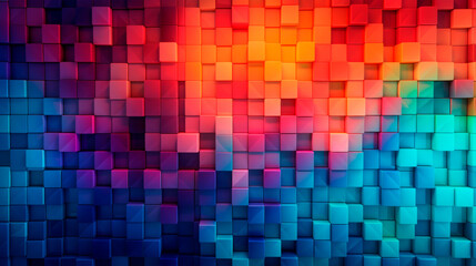 An abstract background featuring squares of various colors arranged in a geometric pattern. Digital virtual space. Game background. Computer technologies. Banner. Copy space