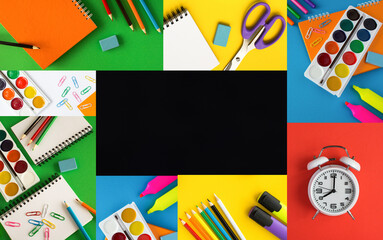 Collage of school stationery on the colored background. Top view. Copy space.