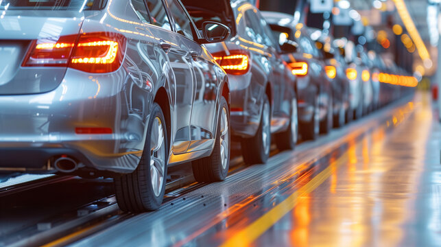 Provide a glimpse into the world of automotive manufacturing with an image of a mass production assembly line of modern cars in a busy factory