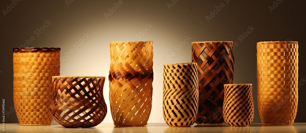 Poster arranged in a row are different types of bamboo vases, creating a simple yet elegant display