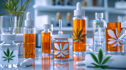 Cannabis oil and medical research, CBD health benefits, green hemp leaf background