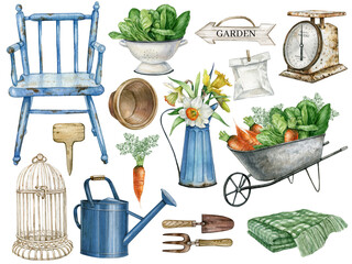 Watercolor garden tools,Country farm gardening, Farmhouse decor clipart,vegetable,Vintage rusty element, watering can, blue chair, birdcage, flower pot, colander with salad leaf,scales, spring flowers © Fefelova Yana