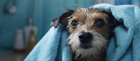 A soggy canine is seen covered in a cloth inside a bath space - obrazy, fototapety, plakaty