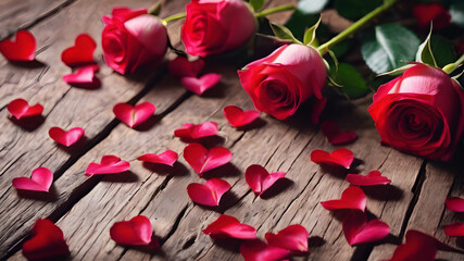 wooden background with roses and petals with empty space for greeting message. Love and greeting concept design. AI generated image, ai