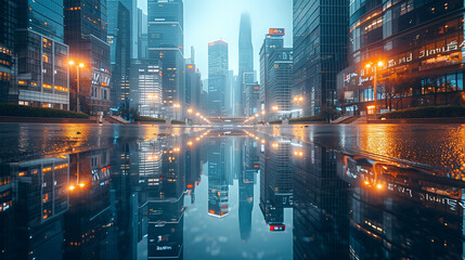 Marvel at the mesmerizing reflection of city lights and skyscrapers mirrored in the calm waters of a river or lake - obrazy, fototapety, plakaty