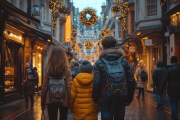 A family enjoys a festive evening stroll amidst holiday lights, creating a warm, joyful ambiance in the cityscape - obrazy, fototapety, plakaty